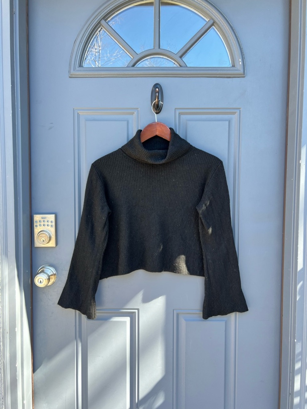 Madewell Black Ribbed Bell Sleeve Cropped Cowlneck Sweater